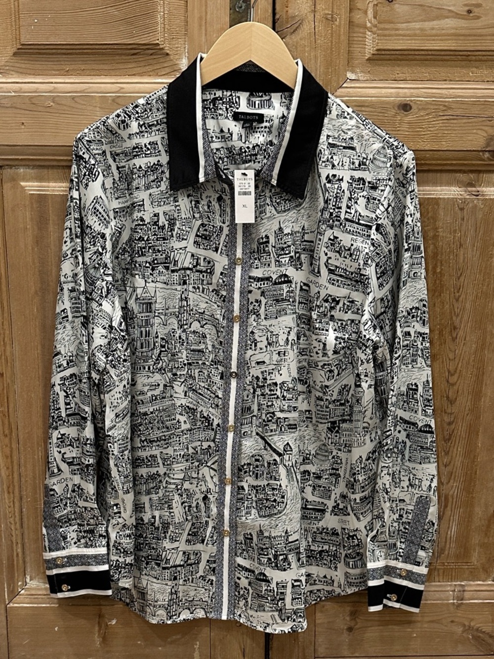Talbots Black and White Cityscape Print Button-Front Shirt